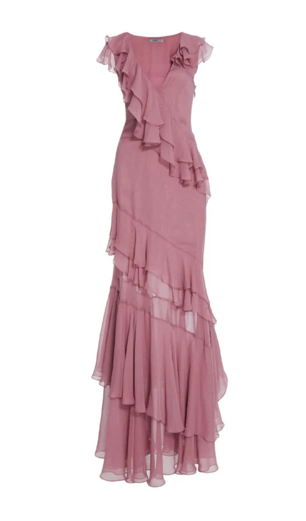 Vestido de fiesta plisado con escote en V, sin mangas y con cremallera en la espalda